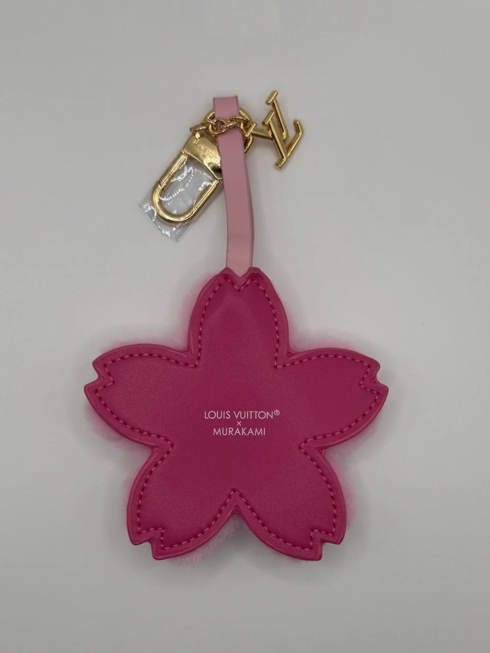 Louis Vuitton Pink Floral Fur Charm with Gold LV Hardware